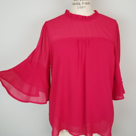Monteau Red Blouse with Flared Ruffled 3/4 Sleeves & Collar Women's Size Large - Picture 1 of 9